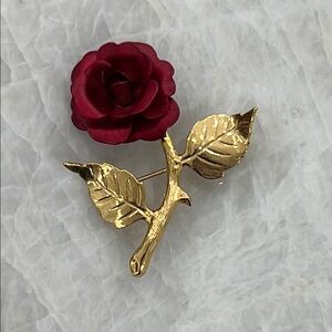 Elegant Gold and Red Rose Brooch